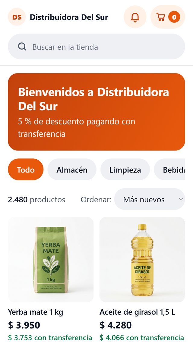 Ejemplo de tienda en el celular: Distribuidora Del Sur, con buscador, categorías y productos con su precio